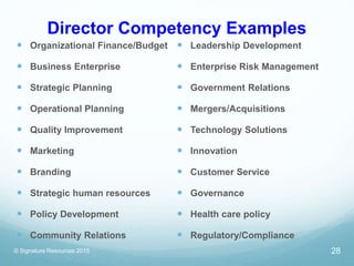Director Competency Examples
 Organizational Finance/Budget
 Business Enterprise
 Strategic Planning
 Operational Plan...