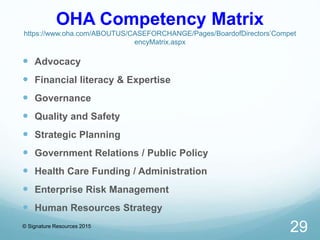 OHA Competency Matrix
https://www.oha.com/ABOUTUS/CASEFORCHANGE/Pages/BoardofDirectors’Compet
encyMatrix.aspx
© Signature ...