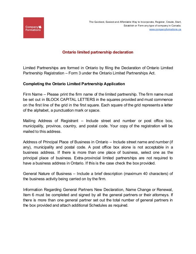 Ontario Limited Partnership Declaration Ontario Limited Partnership Declaration