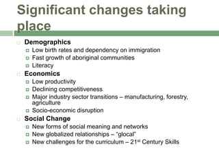 Significant changes taking place,[object Object],Demographics,[object Object],Low birth rates and dependency on immigration,[object Object],Fast growth of aboriginal communities,[object Object],Literacy ,[object Object],Economics,[object Object],Low productivity,[object Object],Declining competitiveness,[object Object],Major industry sector transitions – manufacturing, forestry, agriculture,[object Object],Socio-economic disruption,[object Object],Social Change,[object Object],New forms of social meaning and networks,[object Object],New globalized relationships – “glocal”,[object Object],New challenges for the curriculum – 21st Century Skills,[object Object]