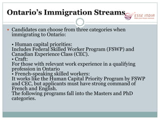 Ontario’s Immigration Streams
 Candidates can choose from three categories when
immigrating to Ontario:
• Human capital p...