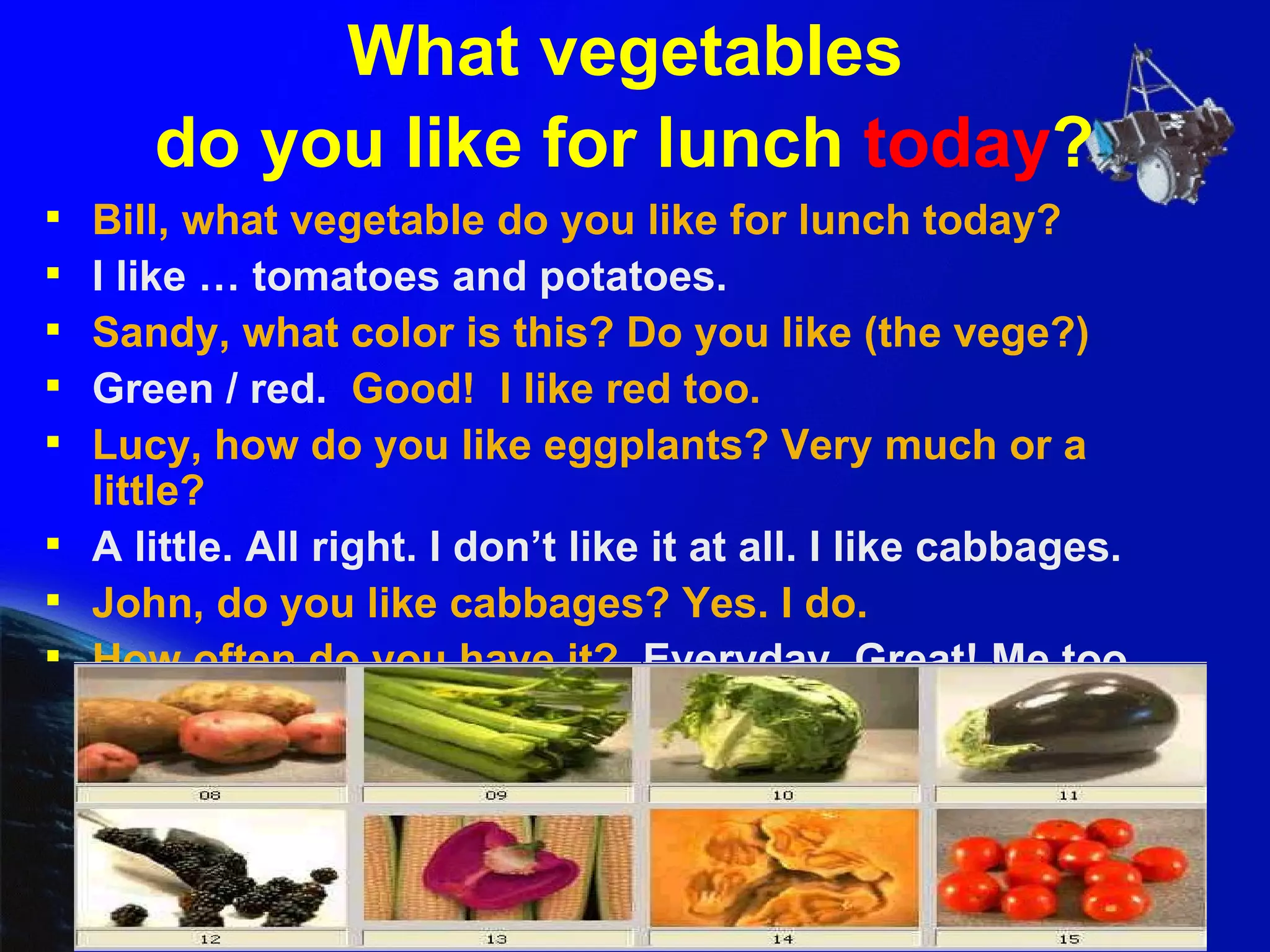 What vegetables  do you like for lunch  today ?   Bill, what vegetable do you like for lunch today?  I like … tomatoes and potatoes. Sandy, what color is this? Do you like (the vege?) Green / red.   Good!  I like red too.  Lucy, how do you like eggplants? Very much or a little? A little. All right. I don’t like it at all. I like cabbages. John, do you like cabbages? Yes. I do. How often do you have it?  Everyday. Great! Me too. 