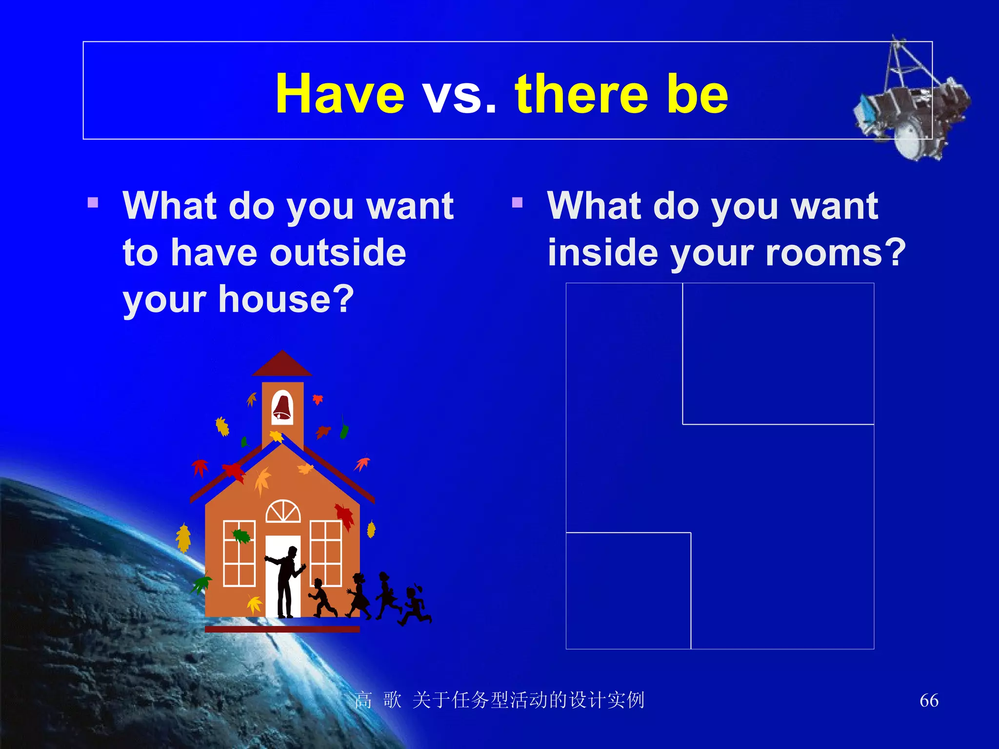 Have   vs.   there be   What do you want to have outside your house? What do you want  inside your rooms? 