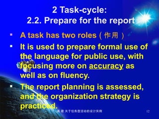 2 Task-cycle:  2.2. Prepare for the report A task has two roles  ( 作用） It is used to prepare formal use of the language for public use, with focusing more on  accuracy  as well as on fluency. The report planning is assessed, and the organization strategy is practiced.   