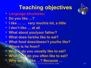 Teaching objectives Language structures: Do you like …? I like … …  very much/a lot, a little  I don’t like … at all What about you/your father?  What does he/she like to eat? What food does/doesn’t you/he like? Where is he from? Where  do you usually like to eat? What food do you often like to eat? Why do you like …? Because …  