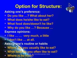 Option for Structure: Asking one’s preference: Do you like …? What about her?  What does he/she like to eat? What food does/doesn't he like?  Why do you like …? Because …  Express opinions: I like … …  very much, a little  I don’t like … at all.  Asking one’s routine or habits Where  do you usually like to eat? What food do you often like to eat? Where is he from? 