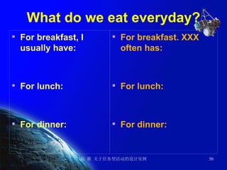 What do we eat everyday? For breakfast, I usually have: For lunch: For dinner:   For breakfast. XXX often has:  For lunch: For dinner: 