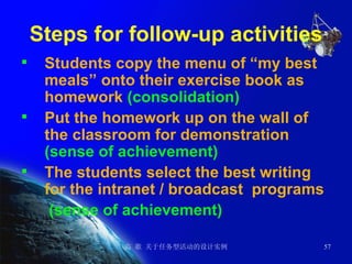 Steps for follow-up activities Students copy the menu of “my best meals” onto their exercise book as homework  (consolidation) Put the homework up on the wall of the classroom for demonstration  (sense of achievement) The students select the best writing for the intranet / broadcast  programs   (sense of achievement) 