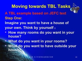 Moving towards TBL Tasks A TBL example based on JEFC text Step One:  Imagine you want to have a house of  your own. Think by yourself ： How many rooms do you want in your house? What do you want in your rooms?  What do you want to have outside your house? 