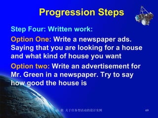 Progression Steps Step Four: Written work: Option One:  Write a newspaper ads. Saying that you are looking for a house and what kind of house you want Option two:  Write an advertisement for Mr. Green in a newspaper. Try to say how good the house is 