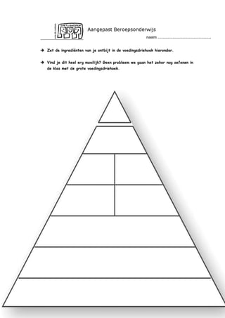  Zet de ingrediënten van je ontbijt in de voedingsdriehoek hieronder.
 Vind je dit heel erg moeilijk? Geen probleem we gaan het zeker nog oefenen in
de klas met de grote voedingsdriehoek.

 
