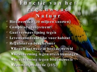 Functie van het regenwoud Natuur Biodiversiteit (30 miljoen soorten) Complexe ecosysteem Gaat verwoestijning tegen Levensnoodzakelijke voor habitat Regulator en beschermer Regelt het weer in heel de wereld Bescherming tegen overstromingen Bescherming tegen bodemerosie Zuurstofproductie (25%) 