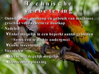 Technische verbetering Ontwikkeling, aankoop en gebruik van machines geschikt voor selectieve houtkap Nadelen Enkel mogelijk in een beperkt aantal gebieden Soms een te dichte ondergroei Grote investering Voordelen Het is wel degelijk mogelijk Duurzame oplossing 