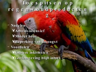 Toespitsen op regenwoudproducten 2 Nadelen Arbeidsintensief Minder hout Beperking van de oogst Voordelen Grotere inkomsten Leefomgeving blijft intact 
