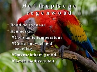 Het tropische regenwoud Rond de evenaar Kenmerken Constante temperatuur Grote hoeveelheid neerslag Onvruchtbare grond Grote biodiversiteit 