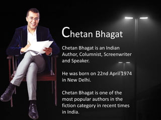 Chetan Bhagat is an Indian
Author, Columnist, Screenwriter
and Speaker.
He was born on 22nd April 1974
in New Delhi.
Cheta...