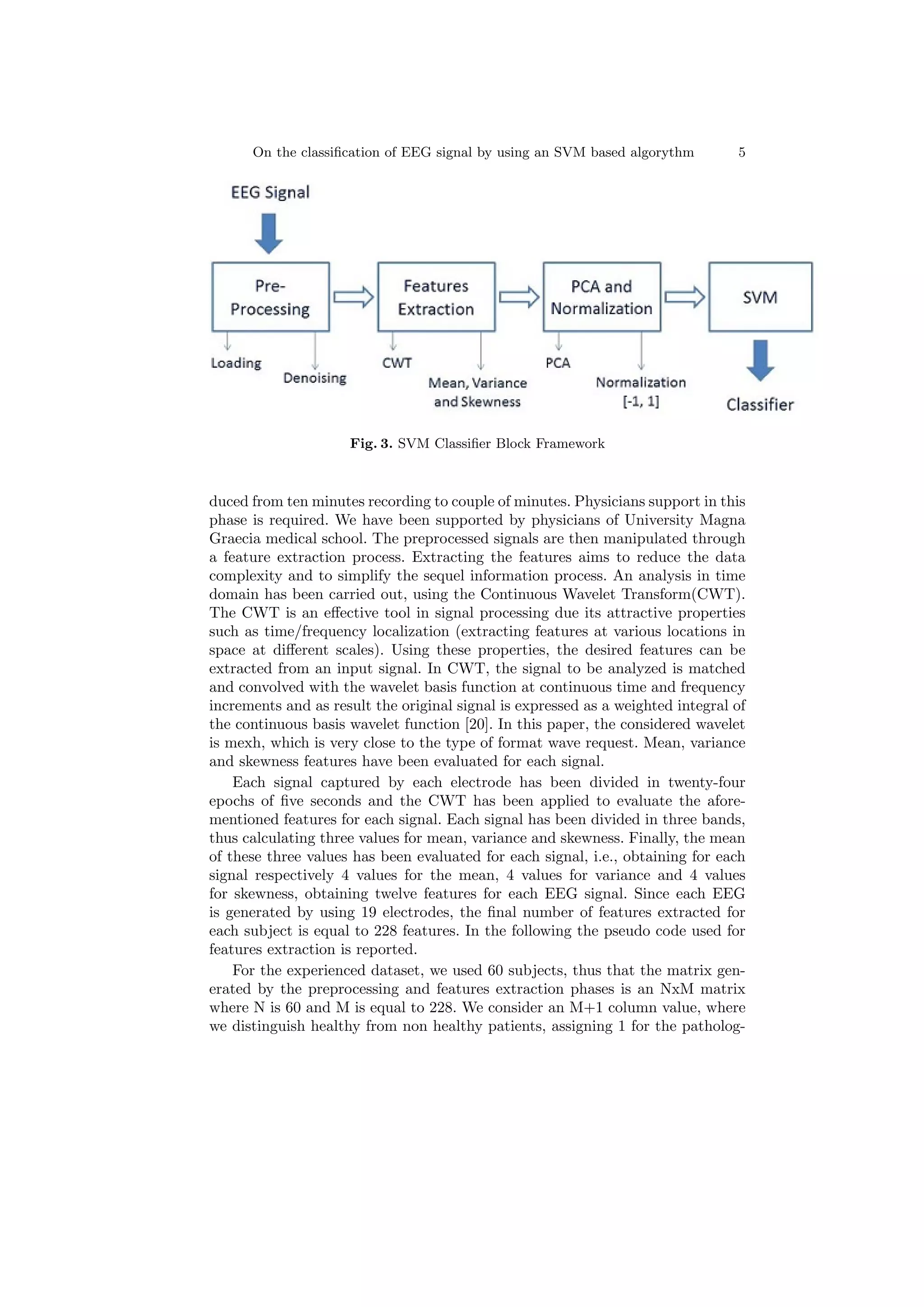 On the classification of EEG signal by using an SVM based algorythm 5
Fig. 3. SVM Classifier Block Framework
duced from ten minutes recording to couple of minutes. Physicians support in this
phase is required. We have been supported by physicians of University Magna
Graecia medical school. The preprocessed signals are then manipulated through
a feature extraction process. Extracting the features aims to reduce the data
complexity and to simplify the sequel information process. An analysis in time
domain has been carried out, using the Continuous Wavelet Transform(CWT).
The CWT is an effective tool in signal processing due its attractive properties
such as time/frequency localization (extracting features at various locations in
space at different scales). Using these properties, the desired features can be
extracted from an input signal. In CWT, the signal to be analyzed is matched
and convolved with the wavelet basis function at continuous time and frequency
increments and as result the original signal is expressed as a weighted integral of
the continuous basis wavelet function [20]. In this paper, the considered wavelet
is mexh, which is very close to the type of format wave request. Mean, variance
and skewness features have been evaluated for each signal.
Each signal captured by each electrode has been divided in twenty-four
epochs of five seconds and the CWT has been applied to evaluate the afore-
mentioned features for each signal. Each signal has been divided in three bands,
thus calculating three values for mean, variance and skewness. Finally, the mean
of these three values has been evaluated for each signal, i.e., obtaining for each
signal respectively 4 values for the mean, 4 values for variance and 4 values
for skewness, obtaining twelve features for each EEG signal. Since each EEG
is generated by using 19 electrodes, the final number of features extracted for
each subject is equal to 228 features. In the following the pseudo code used for
features extraction is reported.
For the experienced dataset, we used 60 subjects, thus that the matrix gen-
erated by the preprocessing and features extraction phases is an NxM matrix
where N is 60 and M is equal to 228. We consider an M+1 column value, where
we distinguish healthy from non healthy patients, assigning 1 for the patholog-
 