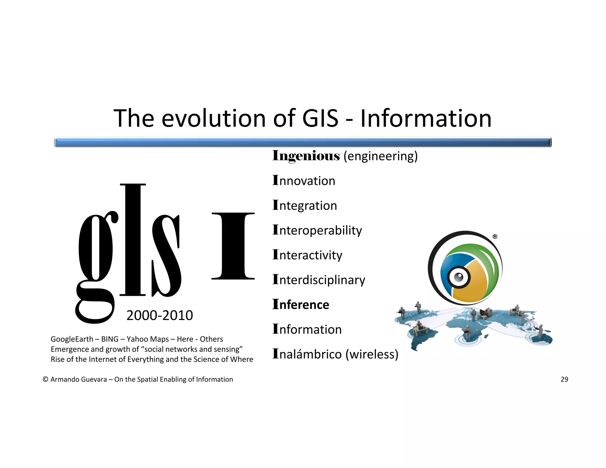 The evolution of GIS - Information
Ingenious (engineering)
Innovation

I
2000-2010
GoogleEarth – BING – Yahoo Maps – Here - Others
Emergence and growth of “social networks and sensing”
Rise of the Internet of Everything and the Science of Where
© Armando Guevara – On the Spatial Enabling of Information

Integration
Interoperability
Interactivity
Interdisciplinary
Inference
Information
Inalámbrico (wireless)
29

 