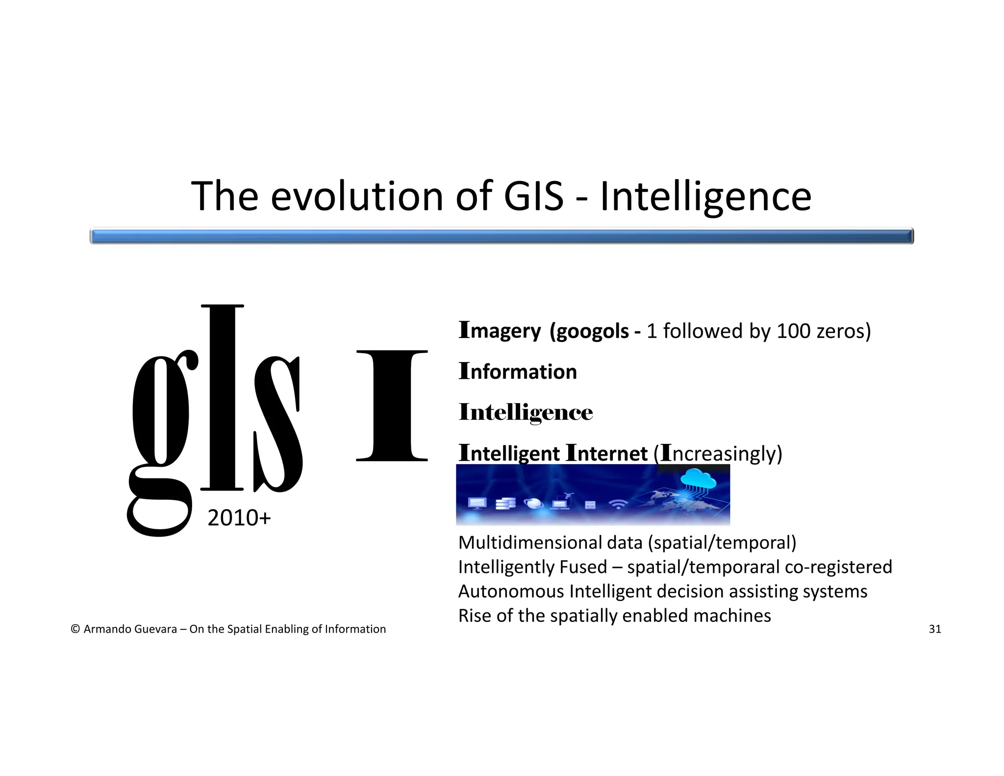 The evolution of GIS - Intelligence

I

Imagery (googols - 1 followed by 100 zeros)
Information
Intelligence
Intelligent Internet (Increasingly)
I

2010+

© Armando Guevara – On the Spatial Enabling of Information

Multidimensional data (spatial/temporal)
Intelligently Fused – spatial/temporaral co-registered
Autonomous Intelligent decision assisting systems
Rise of the spatially enabled machines

31

 