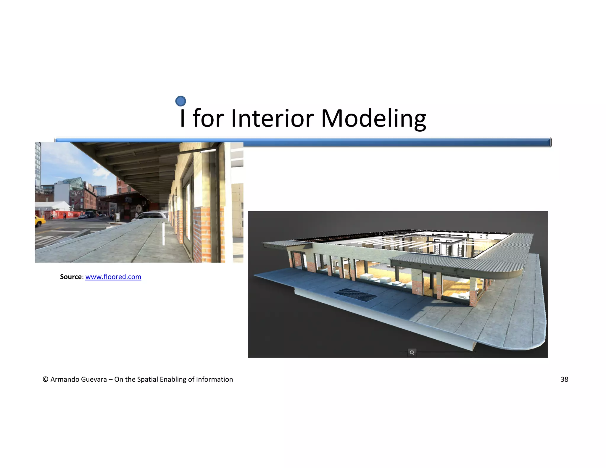 I for Interior Modeling

Source: www.floored.com

© Armando Guevara – On the Spatial Enabling of Information

38

 