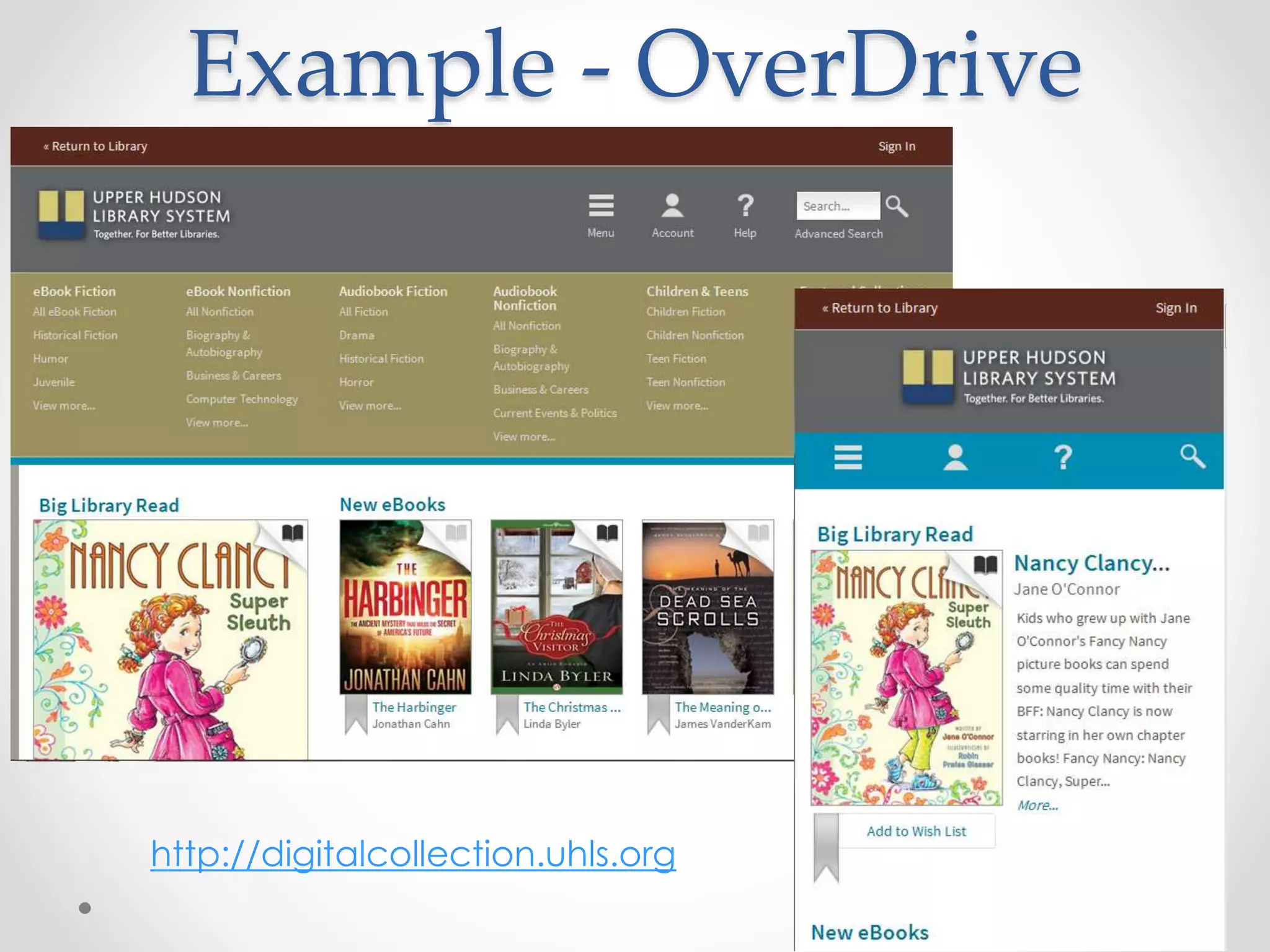 Example - OverDrive
http://digitalcollection.uhls.org
 