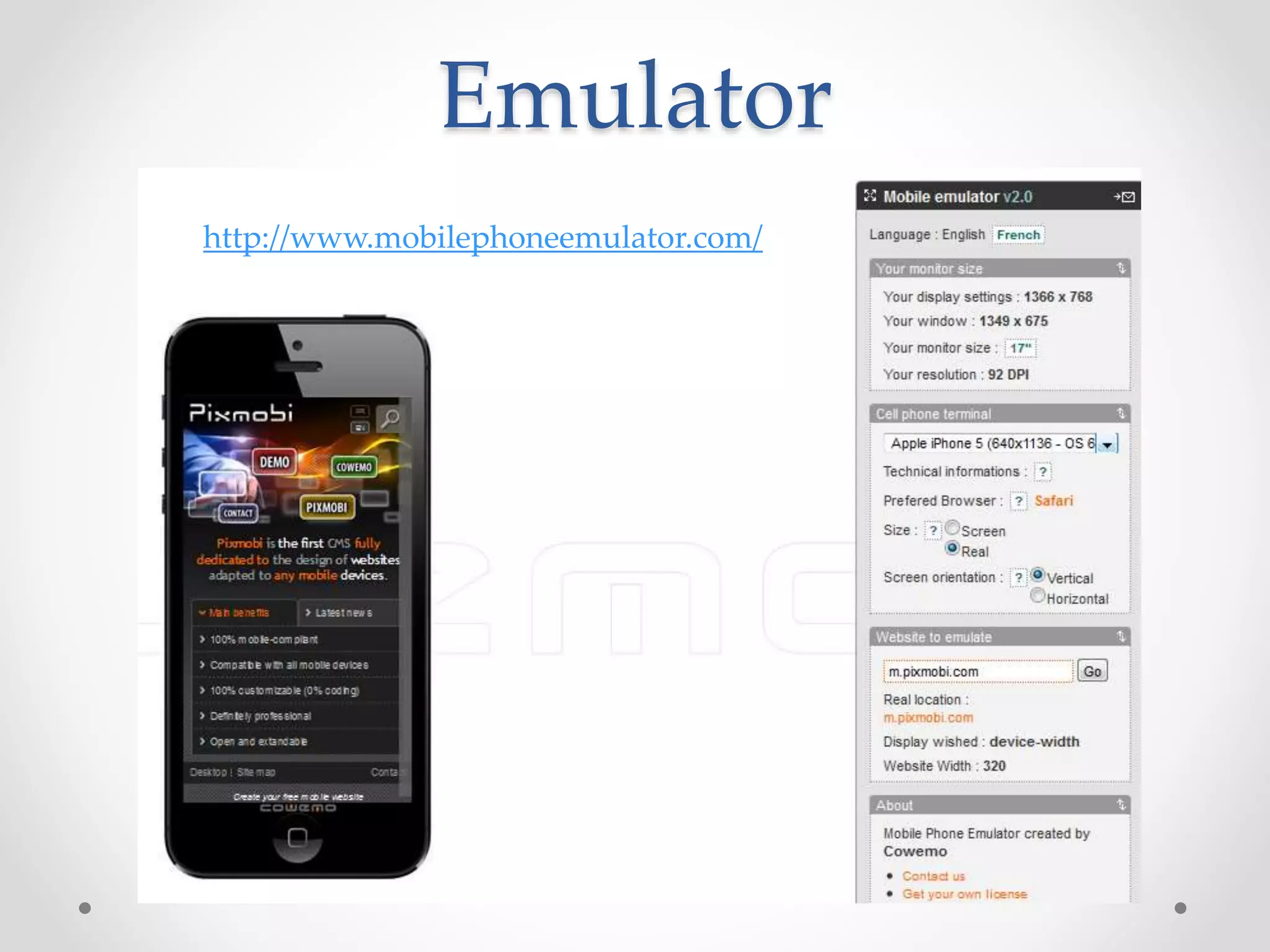 Emulator
http://www.mobilephoneemulator.com/
 