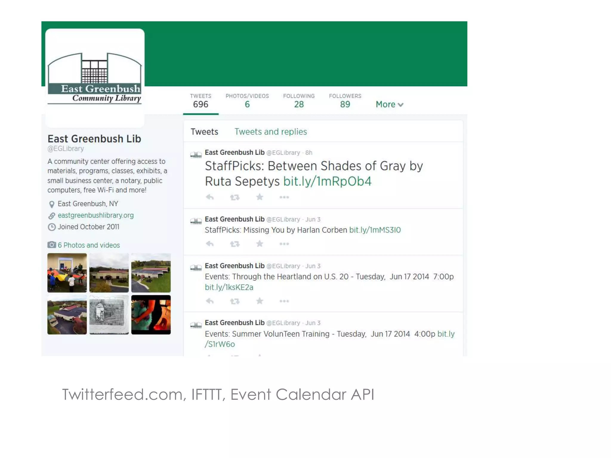 Twitterfeed.com, IFTTT, Event Calendar API
 