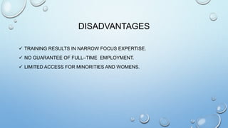 DISADVANTAGES
 TRAINING RESULTS IN NARROW FOCUS EXPERTISE.
 NO GUARANTEE OF FULL–TIME EMPLOYMENT.
 LIMITED ACCESS FOR MINORITIES AND WOMENS.
 