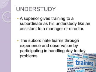 UNDERSTUDY
 A superior gives training to a
subordinate as his understudy like an
assistant to a manager or director.
 The subordinate learns through
experience and observation by
participating in handling day to day
problems.
 