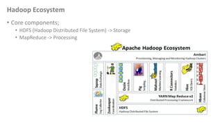 Hadoop Ecosystem
• Core components;
• HDFS (Hadoop Distributed File System) -> Storage
• MapReduce -> Processing

 
