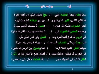 سمّاه  طه  وحضّ  الأنبياء  على  /   حجّ  المكان الذي من أجله عمرَهْ قد أفلح الناس ب النور  الذي شهدوا  /  من نور  فرقانه  لمّا جلا غرَرَهْ أكابر  الشعراء  اللّسْنِ قد عجزوا   /  ك النمل  إذ سمعت آذانهم سورَهْ وحسبه  قصص  لل عنكبوت  أتى  /  إذ حاك نسْجا بباب الغار قد سترَهْ في  الروم  قد شاع قدما أمره وبه  /   لقمان  وفى للدرّ الذي نثرَهْ كم  سجدةً  في طُلى  الأحزاب  قد سجدت  /   سيوفه فأراهم ربّه عِبرَهْ سباهم  فاطر  الشبع العلا كرما   /  لمّا ب ياسين  بين الرسل قد شهرَهْ في الحرب قد صفت الأملاك تنصره  /  فصاد جمع الأعادي هازما  زُمَرََ هْ ل غافر  الذنب في تفصيله سور   /  قد  فصّلت  لمعان غير منحصرَهْ 