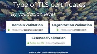 @aysunakarsu @searchdatalogy #brightonseo
Type of TLS certificates
Domain Validation Organization Validation
Extended Validation
By validation level
 