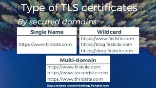 @aysunakarsu @searchdatalogy #brightonseo
Type of TLS certificates
By secured domains
Single Name
https://www.firstsite.com
Wildcard
https://www.firstsite.com
https://blog.firstsite.com
https://shop.firstsite.com
Multi-domain
https://www.firstsite.com
https://www.secondsite.com
https://www.thirdsite.com
 