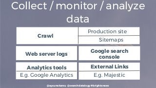 @aysunakarsu @searchdatalogy #brightonseo
Collect / monitor / analyze
data
Sitemaps
Production site
Crawl
Web server logs
Analytics tools
E.g. Google Analytics
Google search
console
External Links
E.g. Majestic
 