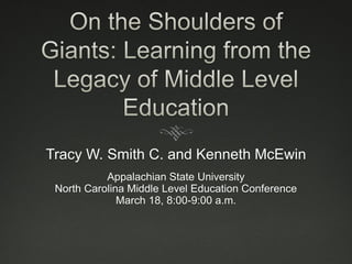 Tracy W. Smith C. and Kenneth McEwin
Appalachian State University
North Carolina Middle Level Education Conference
March 18, 8:00-9:00 a.m.
 