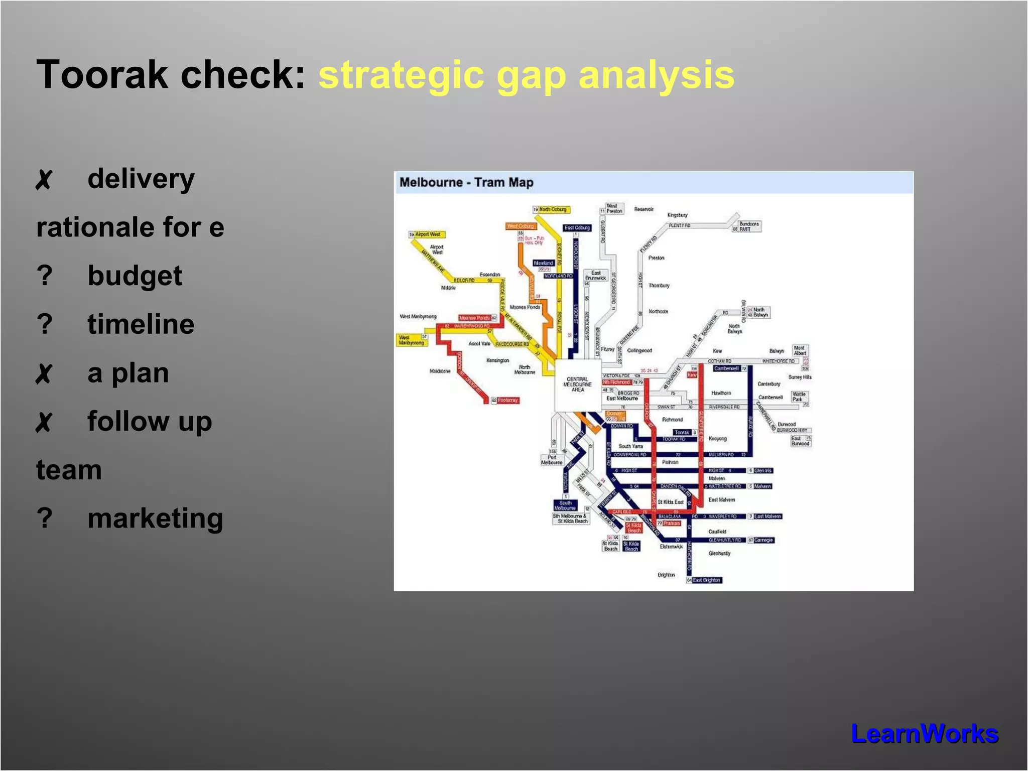Toorak check:  strategic gap analysis ✗ delivery rationale for e ? budget ? timeline ✗ a plan ✗ follow up team ? marketing 