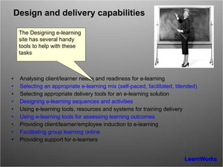 Design and delivery capabilities Analysing client/learner needs and readiness for e-learning Selecting an appropriate e-learning mix (self-paced, facilitated, blended) Selecting appropriate delivery tools for an e-learning solution Designing e-learning sequences and activities Using e-learning tools, resources and systems for training delivery Using e-learning tools for assessing learning outcomes Providing client/learner/employee induction to e-learning Facilitating group learning online Providing support for e-learners  The  Designing e-learning   site has several handy tools to help with these tasks 