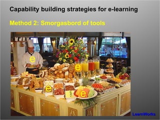 Capability building strategies for e-learning   Method 2: Smorgasbord of tools e e e e e 