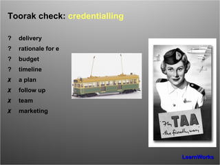 Toorak check:  credentialling ? delivery ? rationale for e ? budget ? timeline ✗ a plan ✗ follow up ✗ team ✗ marketing 