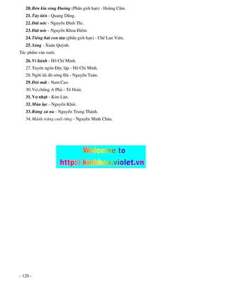 20. Bªn kia s«ng §uèng (PhÇn giíi h¹n) - Hoµng CÇm.
   21. T©y tiÕn - Quang Dòng.
   22. §Êt níc - NguyÔn §×nh Thi.
   23. §Êt níc - NguyÔn Khoa §iÒm
   24. TiÕng h¸t con tµu (phÇn giíi h¹n) - ChÕ Lan Viªn.
   25. Sãng - Xu©n Quúnh.
T¸c phÈm v¨n xu«i.
   26. Vi hµnh - Hå ChÝ Minh.
   27. Tuyªn ng«n §éc lËp - Hå ChÝ Minh.
   28. Ngêi l¸i ®ß s«ng §µ - NguyÔn Tu©n.
   29. §«i m¾t - Nam Cao.
   30. Vî chång A Phñ - T« Hoµi.
   31. Vî nhÆt - Kim L©n.
   32. Mïa l¹c - NguyÔn Kh¶i.
   33. Rõng xµ nu - NguyÔn Trung Thµnh.
   34. M¶nh tr¨ng cuèi rõng - NguyÔn Minh Ch©u.




- 120 -
 