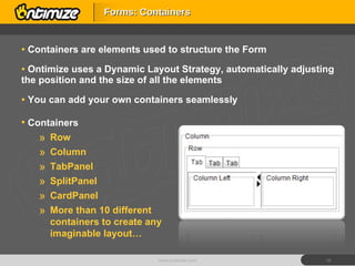 Containers are elements used to structure the Form Ontimize uses a Dynamic Layout Strategy, automatically adjusting the position and the size of all the elements  You can add your own containers seamlessly Forms: Containers www.ontimize.com Containers Row Column TabPanel SplitPanel CardPanel More than 10 different containers to create any imaginable layout… 
