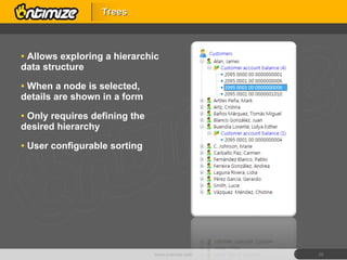 Allows exploring a hierarchic data structure When a node is selected, details are shown in a form Only requires defining the desired hierarchy User configurable sorting Trees www.ontimize.com 