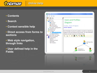 Contents Search Context sensible help Direct access from forms to sections Web style navigation, through links User defined help in the Fields Online Help www.ontimize.com 