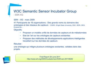 14

W3C Semantic Sensor Incubator Group
: SSN XG
SSN – XG : mars 2009
41 Participants de 16 organisations : Des grands noms du domaine des
ontologies et des réseaux de capteurs : CSIRO, Wright State University, OGC, DERI, OEG,
Knoesis etc…

Objectifs:
• Proposer un modèle unifié de données de capteurs et de métadonnées
• Etat de l’art sur les ontologies de capteurs existantes
• Proposer des méthodes de développements applications intelligentes
travaillant sur les données de capteurs
Résultat :
une ontologie qui intègre plusieurs ontologies existantes, validées dans des
projets.

Final Report 28 June 2011
http://www.w3.org/2005/Incubator/ssn/XGR-ssn-20110628/

 