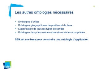 18

Les autres ontologies nécessaires
•
•
•
•

Ontologies d’unités
Ontologies géographiques de position et de lieux
Classification de tous les types de sondes
Ontologies des phénomènes observés et de leurs propriétés

SSN est une base pour construire une ontologie d’application

 