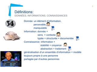 3

Définitions:
DONNÉES, INFORMATIONS, CONNAISSANCES
Donnée: un élément d’information,
percevable,
manipulable
Information: donnée +
sens + contexte
typée + structurée + documentée
Connaissance: information +
stabilité + croyance
abstraction + traitement
généralisation d’un ensemble d’information = modèle
toujours propre à une personne
partagée par d’autres personnes

 