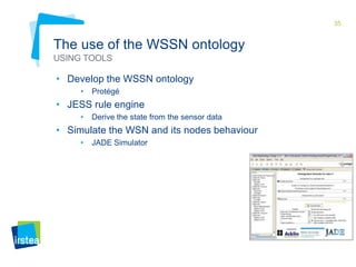 35

The use of the WSSN ontology
USING TOOLS

• Develop the WSSN ontology
•

Protégé

• JESS rule engine
•

Derive the state from the sensor data

• Simulate the WSN and its nodes behaviour
•

JADE Simulator

 