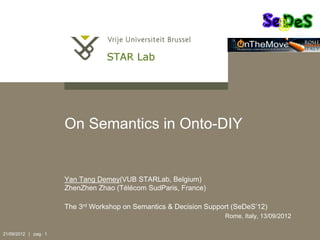 On Semantics in Onto-DIY


                      Yan Tang Demey(VUB STARLab, Belgium)
                      ZhenZhen Zhao (Télécom SudParis, France)

                      The 3rd Workshop on Semantics & Decision Support (SeDeS’12)
                                                                    Rome, Italy, 13/09/2012

21/09/2012 | pag. 1
 