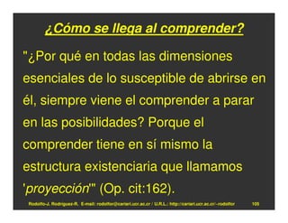 ¿Cómo se llega al comprender?

"¿Por qué en todas las dimensiones
esenciales de lo susceptible de abrirse en
él, siempre viene el comprender a parar
en las posibilidades? Porque el
comprender tiene en sí mismo la
estructura existenciaria que llamamos
'proyección'" (Op. cit:162).
 Rodolfo-J. Rodríguez-R. E-mail: rodolfor@cariari.ucr.ac.cr / U.R.L.: http://cariari.ucr.ac.cr/~rodolfor   105
 