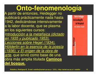 Onto-fenomenología
A partir de entonces, Heidegger no
publicará prácticamente nada hasta
1942, dedicándose intensivamente
a la labor docente, que se plasma
en los siguientes cursos:
Introducción a la metafísica (dictado
en 1935 y publicado 1953),
Lecciones sobre Hegel (1934),
Hölderlin en la esencia de la poesía
(1936), y El origen de la obra de
arte, que sirvió como base de una
obra más amplia titulada Caminos
del bosque.
   Rodolfo-J. Rodríguez-R. E-mail: rodolfor@cariari.ucr.ac.cr / U.R.L.: http://cariari.ucr.ac.cr/~rodolfor   12
 